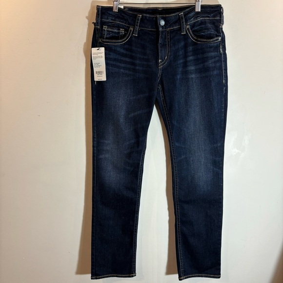 SILVER Suki Sz 33 x 32 Straight Leg Mid Rise Curvy Darker Wash Jeans New w/ Tags - Picture 2 of 12